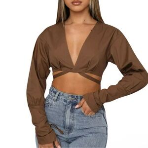 White Fox Brown Long Sleeve Crop Top